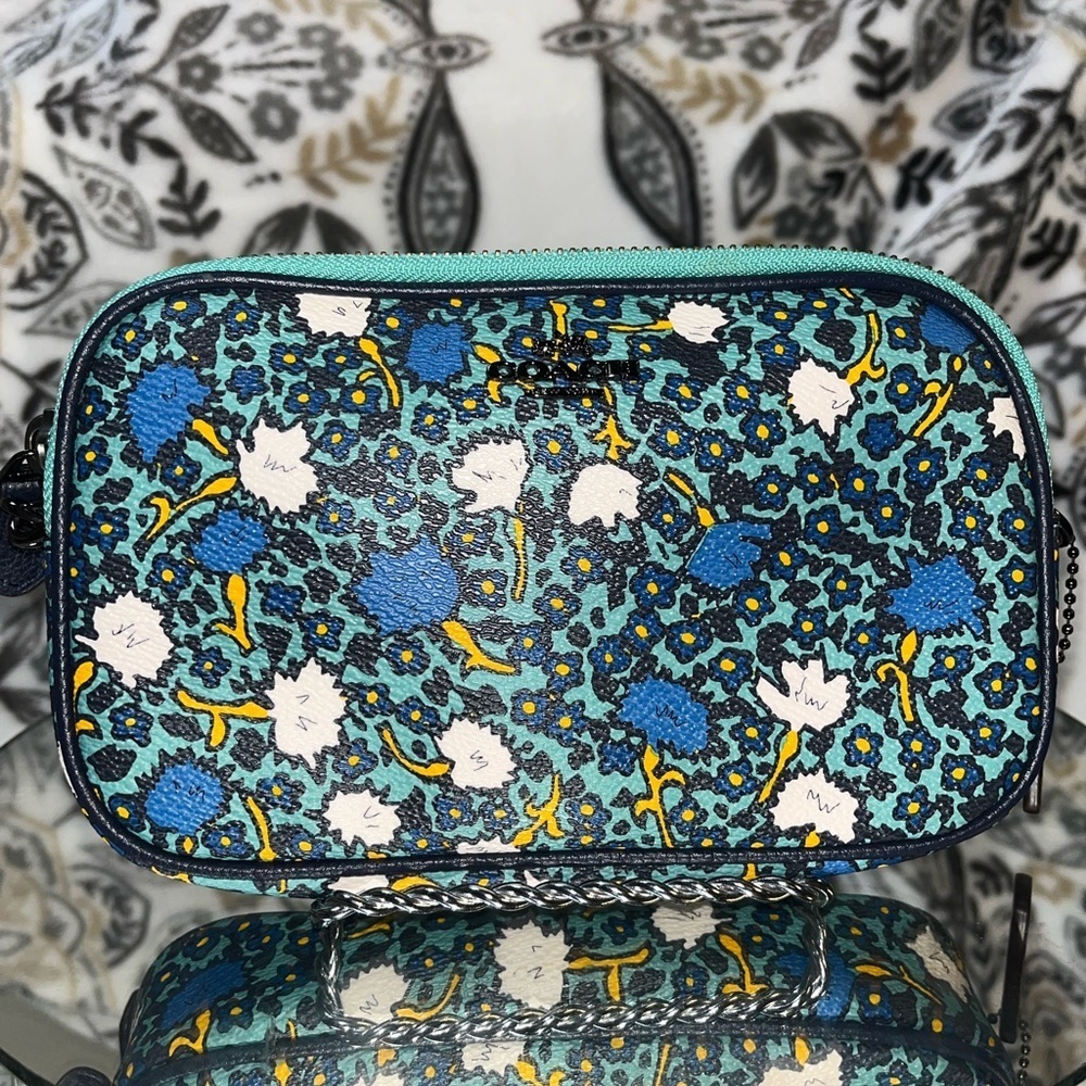 Coach NY, Yankee Floral Print Canvas Crossbody Clutch Bag Purse Teal - Picture 3 of 16